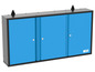 Een blauwe metalen opbergkast met drie deuren van het merk Guide.