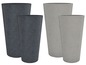 Twee sets van ronde, grijs en zwart getextureerde plantenpotten.