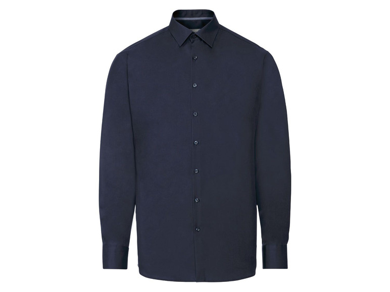 Een donkerblauw overhemd met lange mouwen.
