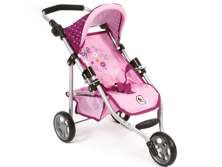 Een roze kinderwagen met bloemenprint voor poppen.