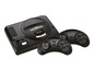Een zwarte Sega Mega Drive console met twee controllers.