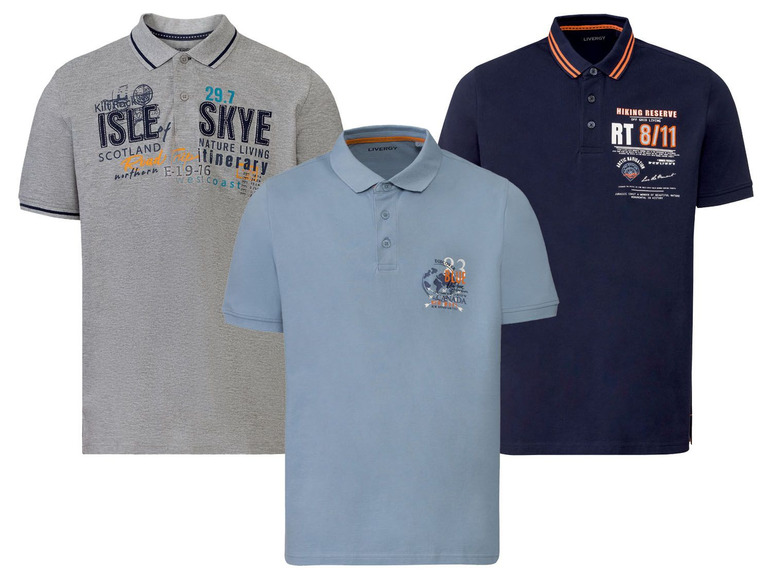 Drie poloshirts met print: 'Isle Skye', 'Hiking Reserve RT 8/11' en 'Discover Canada'.