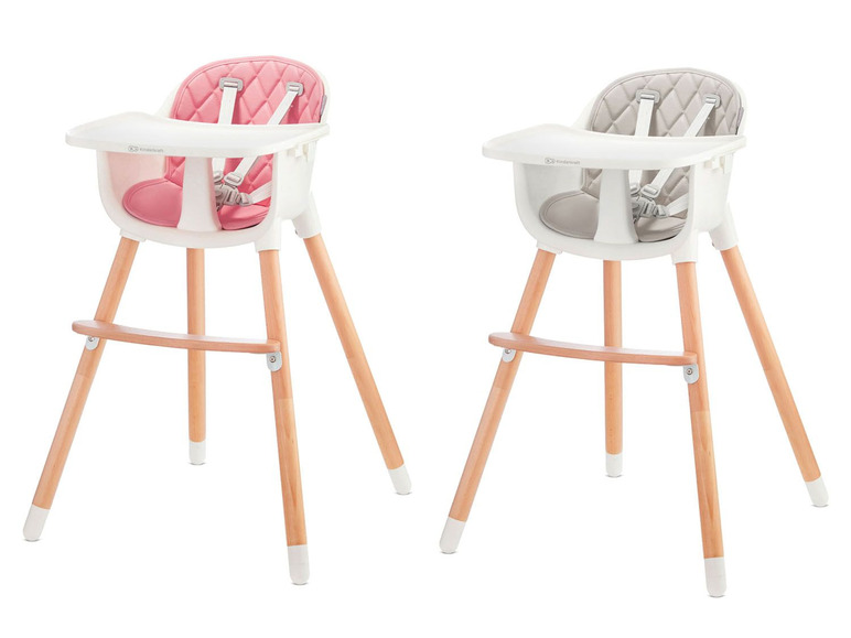 Twee Kinderkraft kinderstoelen met houten poten en roze en grijze bekleding.