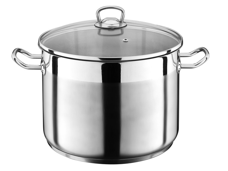 Een stalen pan met glazen deksel.