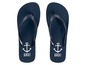 Blauwe slippers met een anker en 'Ahoi!' print.