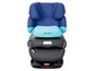 Een Cybex autostoel met blauwe en turquoise bekleding.