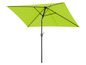 Een groene parasol met een metalen frame.