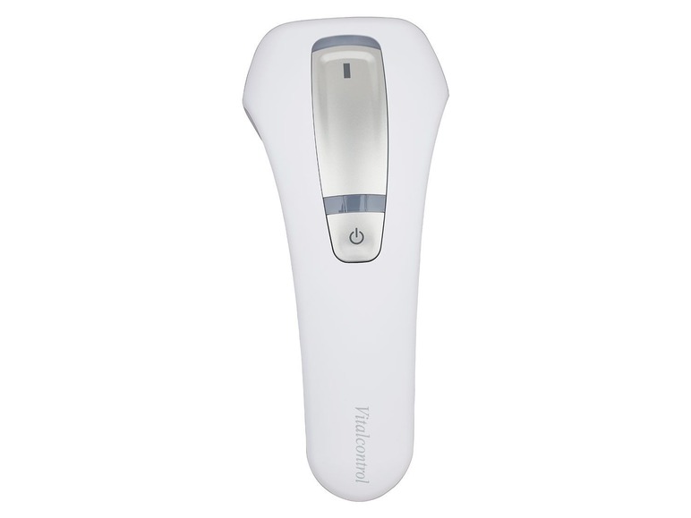 Witte Vitalcontrol-apparaat met een zilverkleurig paneel.