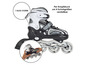 Zwarte inline skates met witte wielen en een verstelbaar systeem voor 4 schoenmaten.