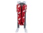 Een opgevouwen Safety 1st babybedje met rood-witte print.