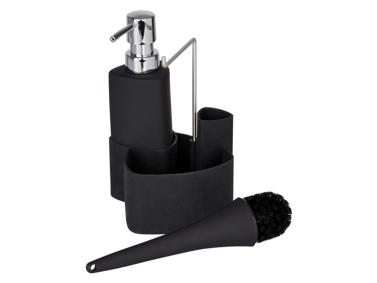 Zwarte dispenser, borstel en houder voor schoonmaakmiddelen.