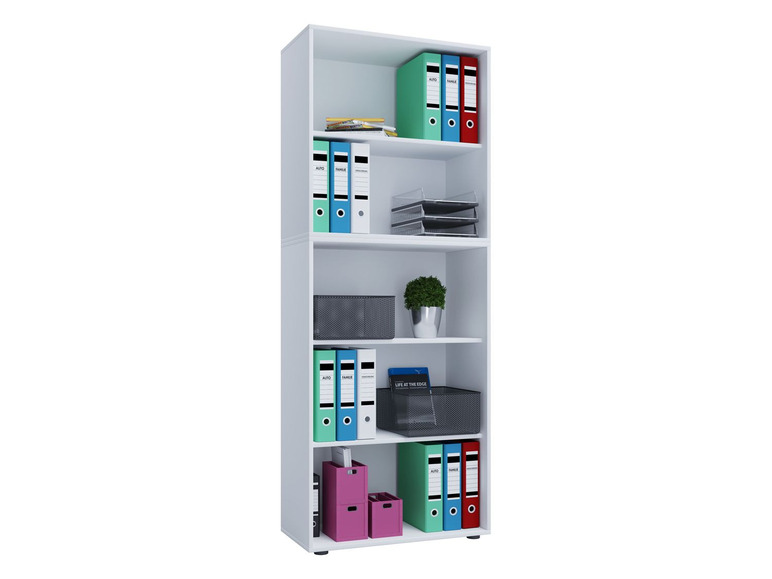 Witte boekenkast met ringbinders, een plant, een boek en opbergbakken.