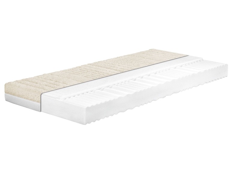 Een doorsnede van een matras met een zachte bovenlaag en een kern van schuim.