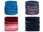 Vier verschillende fleece snoods met geometrische en bladpatronen.