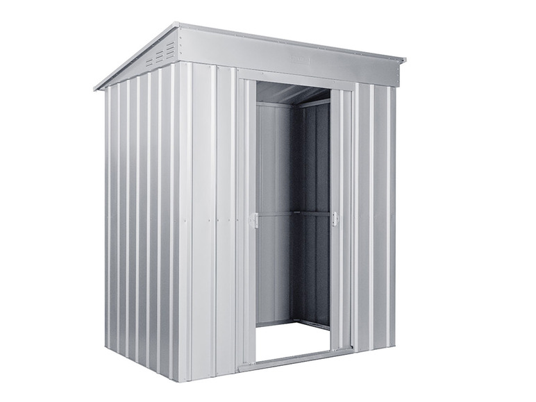 Een metalen schuur met een schuifdeur.