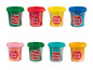 Acht potjes Play-Doh klei in verschillende kleuren.