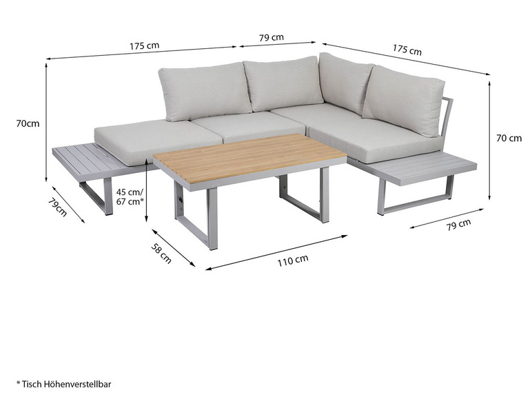 Een grijze hoekbank met twee bijzettafels en een houten salontafel.