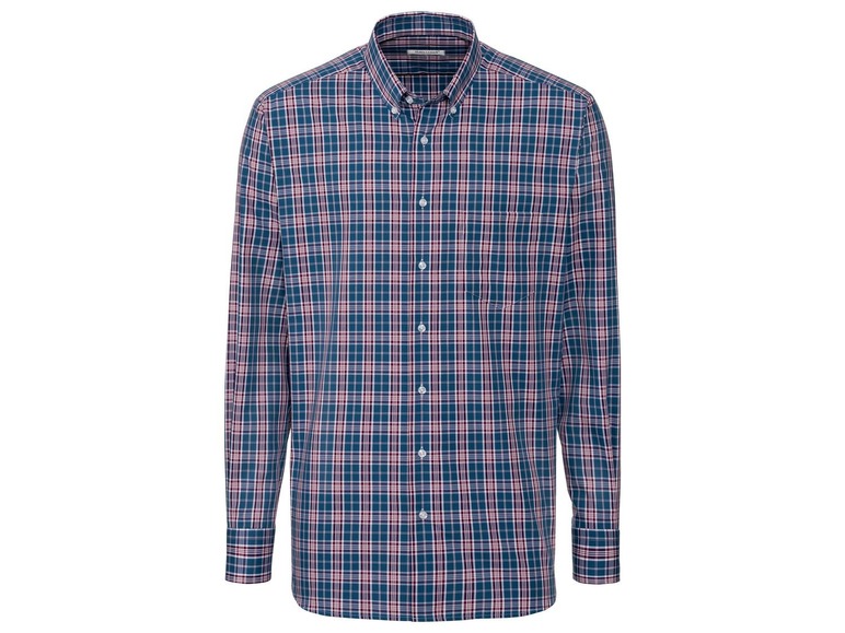Een donkerblauw geruit overhemd met lange mouwen.