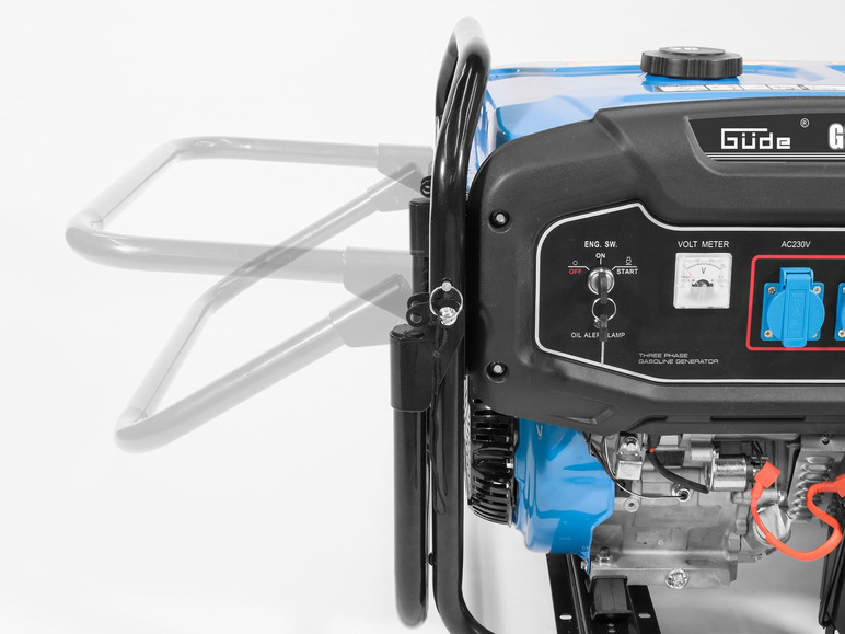 Een blauwe Guide G benzinegenerator met handvatten.