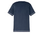 Een donkerblauw T-shirt met witte stiksels.