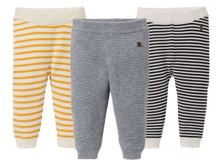 Drie gestreepte baby leggings in grijs, zwart-wit en geel-wit.