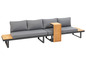 Een grijze modulaire loungeset met houten tafeltjes.