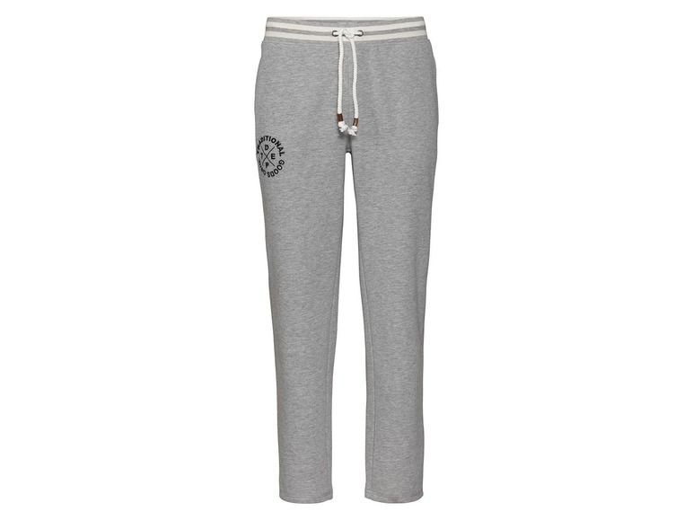 Grijze joggingbroek met wit elastiek en 'Traditional Goods' logo