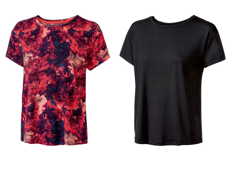 Twee T-shirts, één met een rood abstract printje en één zwart.
