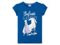 Een blauwe T-shirt met Elsa van Frozen en haar paard.