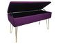Paarse velvet bank met opbergruimte en gouden poten.