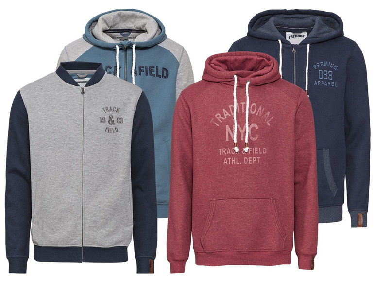 Drie verschillende hoodies met een sportieve stijl.