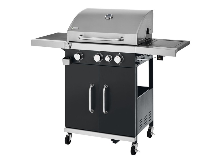 Een zwarte gasbarbecue met een roestvrijstalen grillrooster van het merk Tepro.