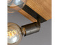 Een houten plafondlamp met metalen armaturen en gloeilampen.
