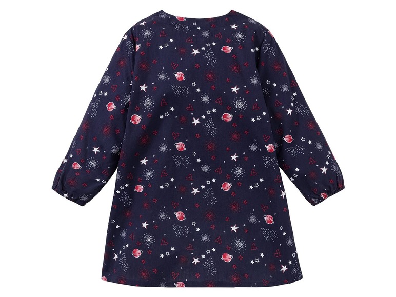 Een donkerblauwe jurk met sterren, harten en planeten.