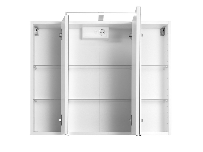 Een witte badkamerkast met spiegeldeuren en glazen planken.
