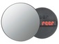 Een ronde spiegel met een zwarte rand en een 'reer' merklabel.