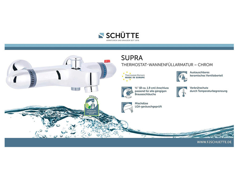 Een chromen thermostaat-badvullingskraan van Schütte Supra met een keramische cartridge.