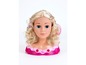 Een blonde poppenkop met lang golvend haar, geschikt voor het oefenen van kapsels.