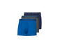 Drie boxershorts in blauw en grijs met 'Never Stop' print.