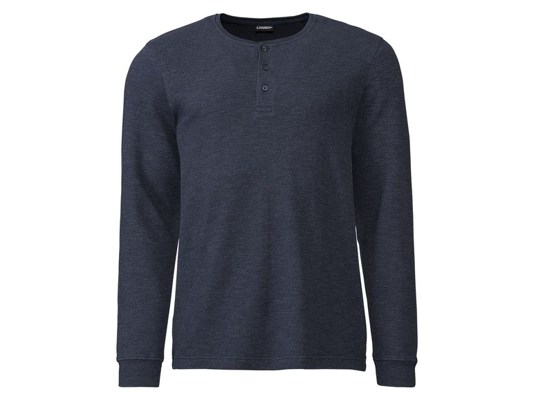 Een donkerblauwe longsleeve met knopen van Livergy.