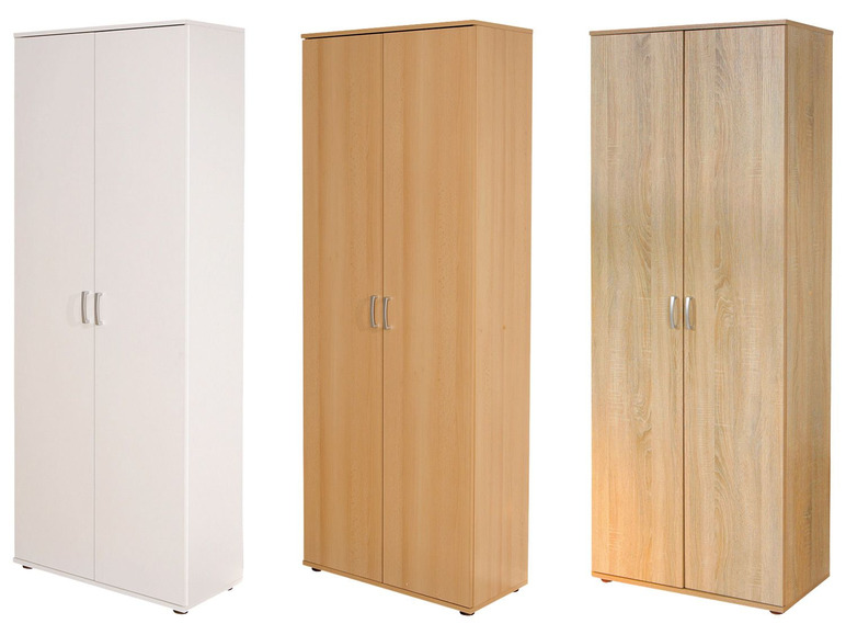 Drie twee-deurs kasten in wit en houtkleuren.