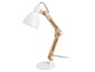 Een witte bureaulamp met houten arm.