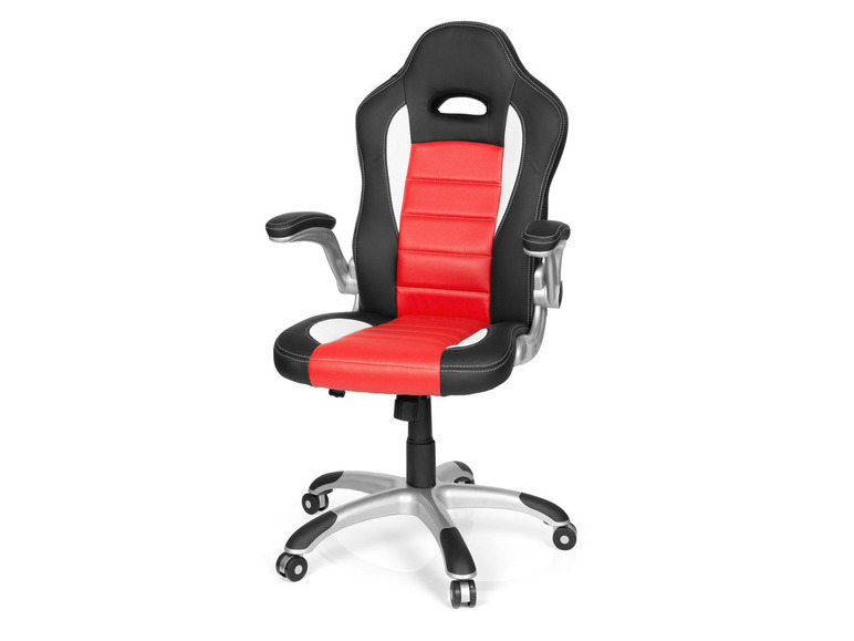Een rode en zwarte gamingstoel met armleuningen.