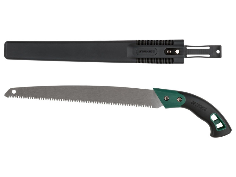 Een Parkside zaag met een zwarte schede.