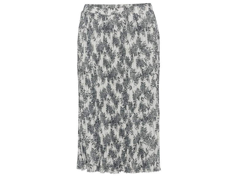 Een witte geplooide rok met een zwart bloemenprint.