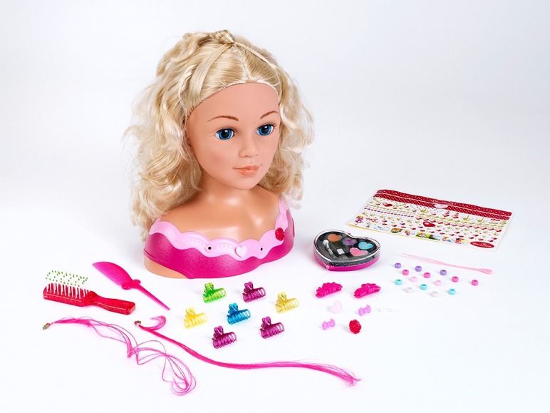 Een speelgoedhoofd met lang blond haar, accessoires en een make-upset.