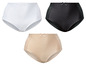 Drie paar damesonderbroeken in wit, zwart en beige met een ruitpatroon.