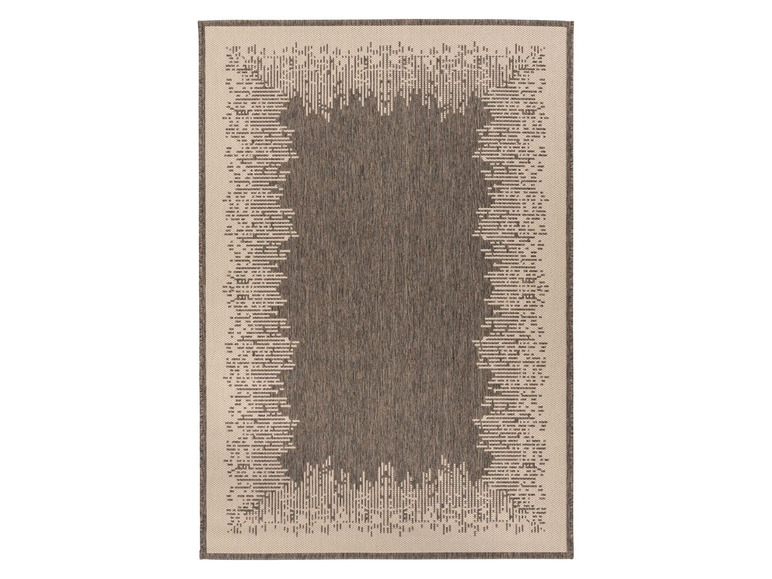 Een beige en bruin vloerkleed met een modern ontwerp.