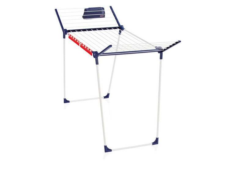 Een wit en blauw Leifheit droogrek met een opvouwbaar ontwerp.