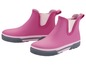 Twee roze regenlaarzen met een grijze zool.